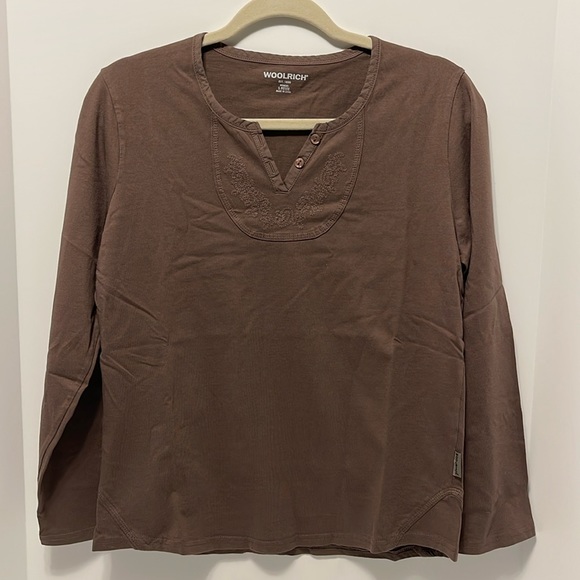 Woolrich Split Neck Long Sleeve Shirt Brown Embroidered Women’s Small Petite Top - Picture 1 of 10